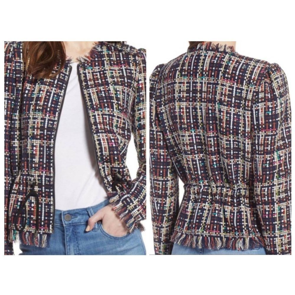 Halogen Women's Long Sleeves Zipped Up Plaid Tweed Multicolor Jacket Size S
